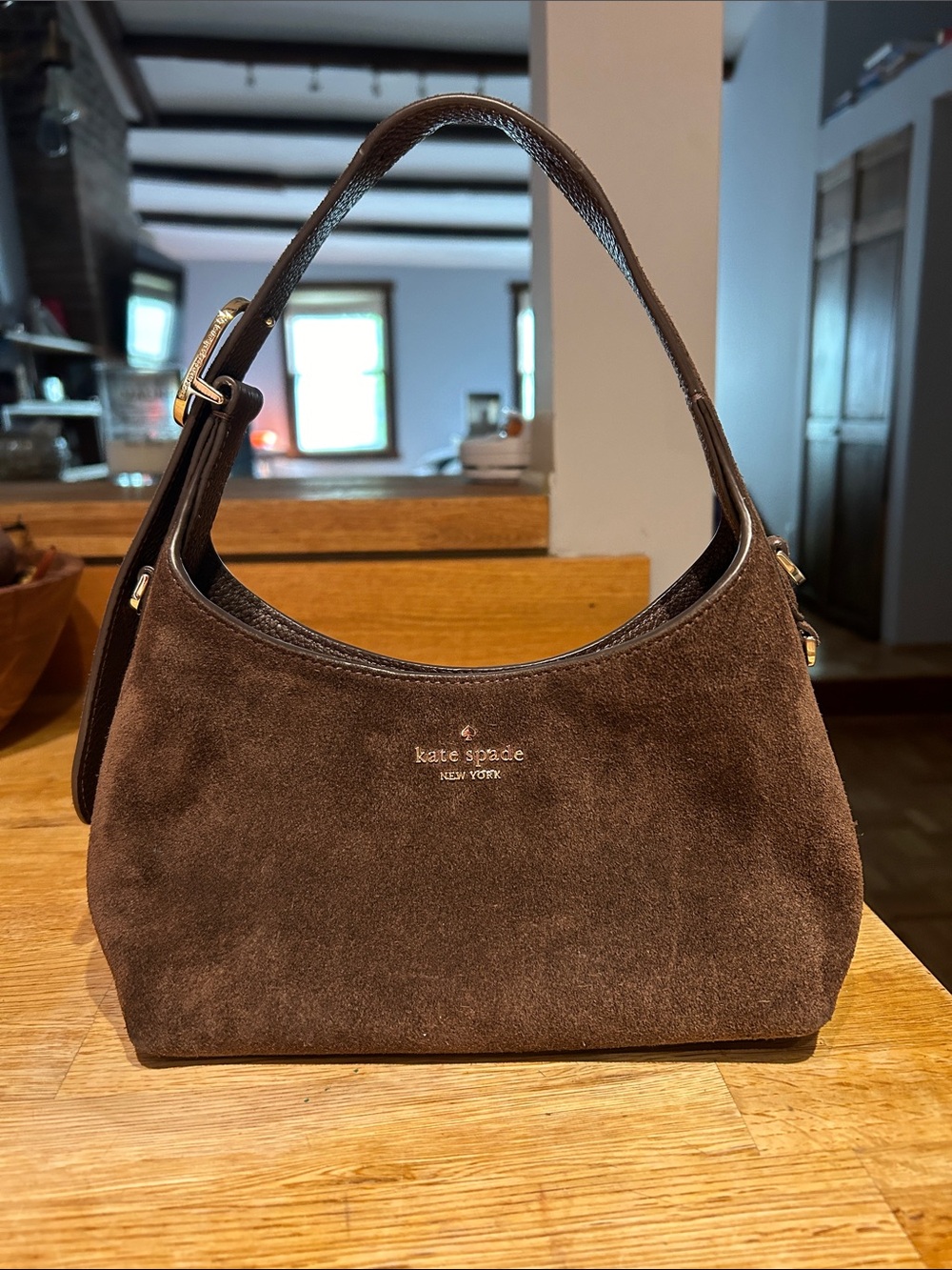 Kate Spade 454 mini Suede Shoulder Bag in Hot Fudge